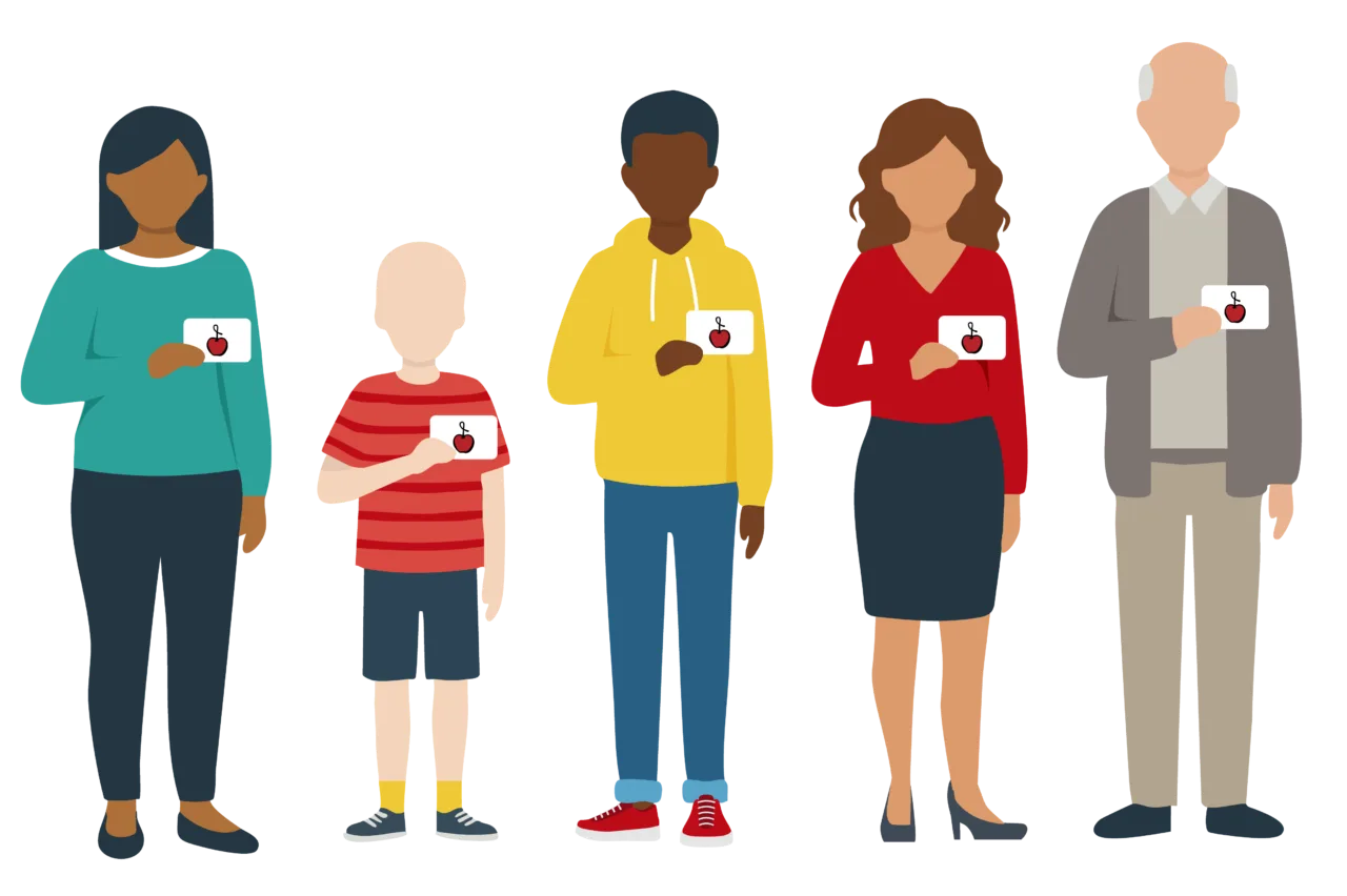 Illustration of people of different ages holding Charity On Top gift cards