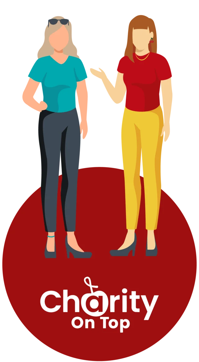 Illustration of two women standing above the Charity On Top logo
